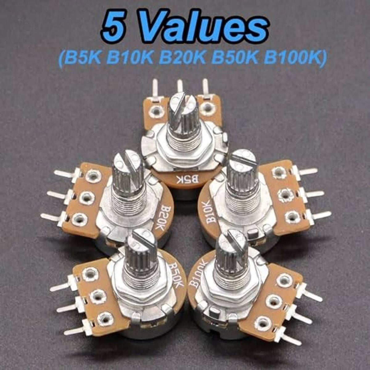 Set of potentiometers with metal shafts and solder terminals on a small circuit board