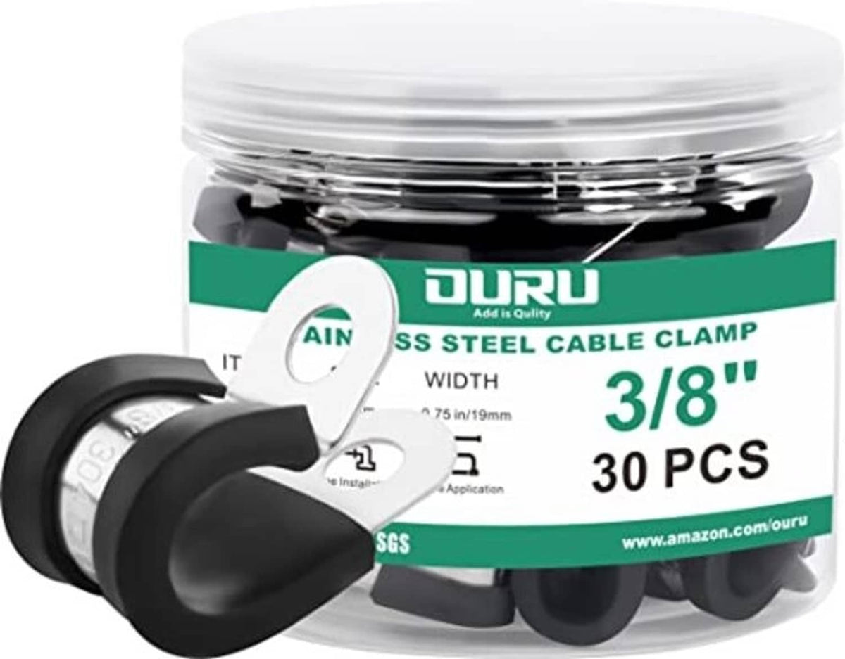 Rubber-coated 3/8 in stainless cable clamps, black rubber, 30-pack, hardware included