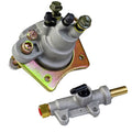 Rear brake caliper and master cylinder assembly, silver housing with gold fittings