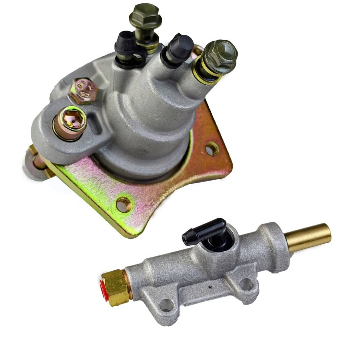 Rear brake caliper and master cylinder assembly, silver housing with gold fittings