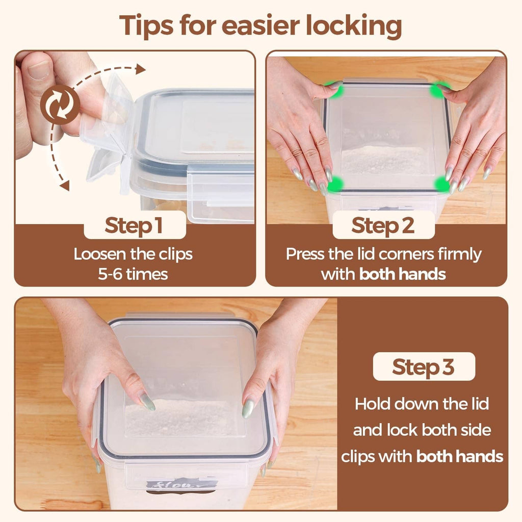 Square airtight container with locking clips and hinged lid for secure closure