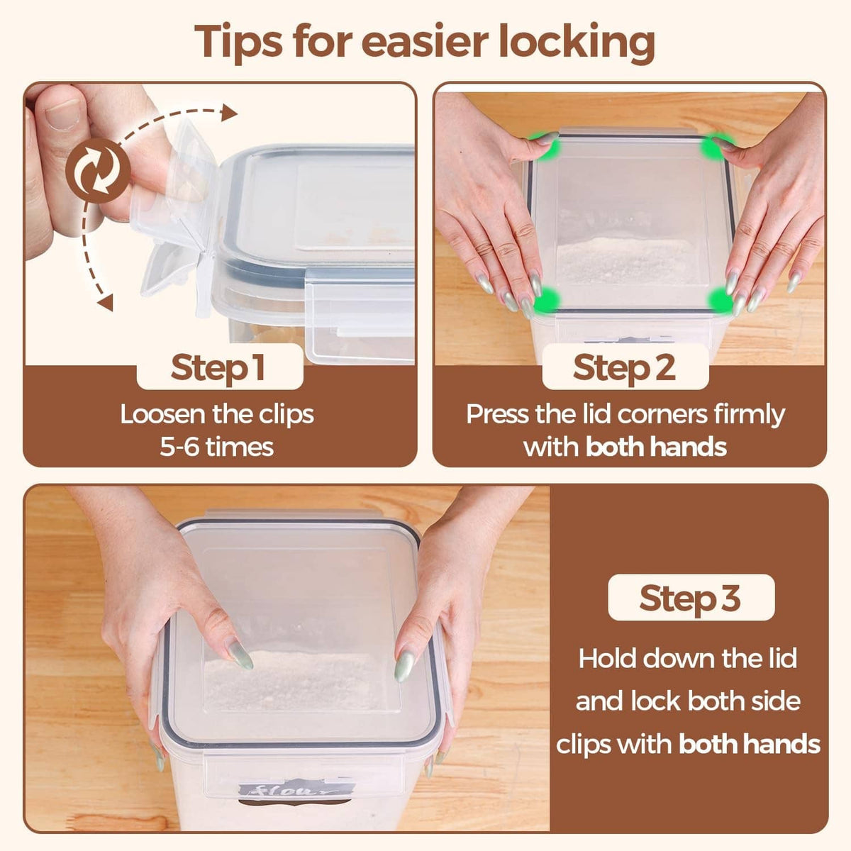 Square airtight container with locking clips and hinged lid for secure closure