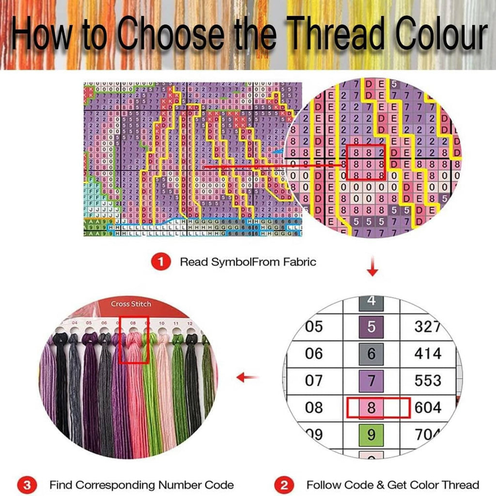 Thread color selection chart with numbered codes for cross-stitch matching