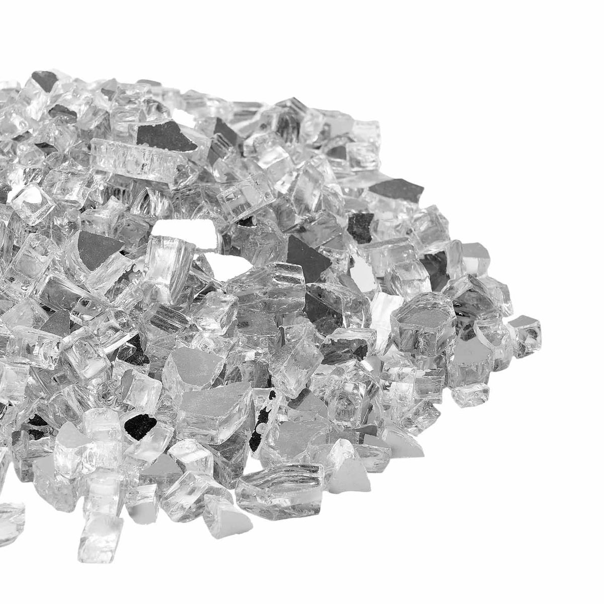 Close-up of clear crushed glass fire pit gems, glittering faceted fragments