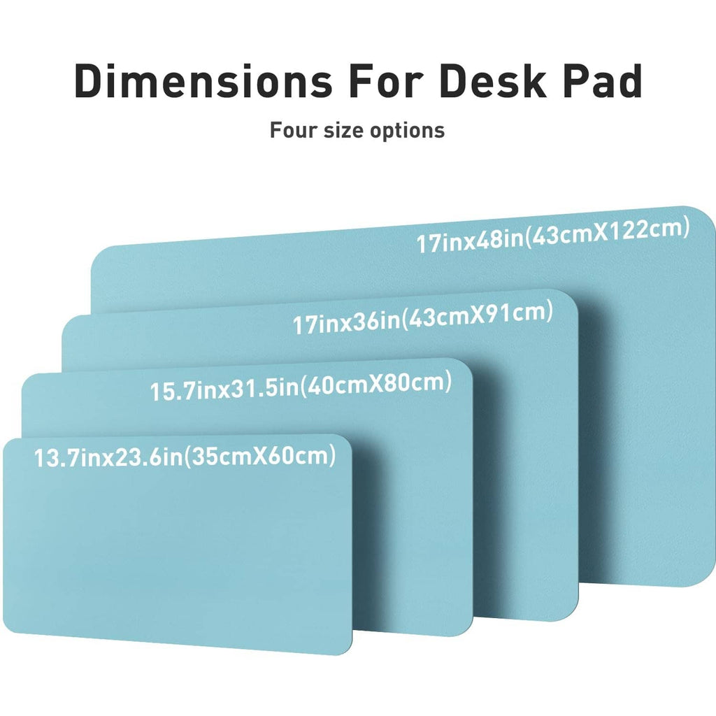PU leather desk pad size chart showing multiple rectangular dimensions