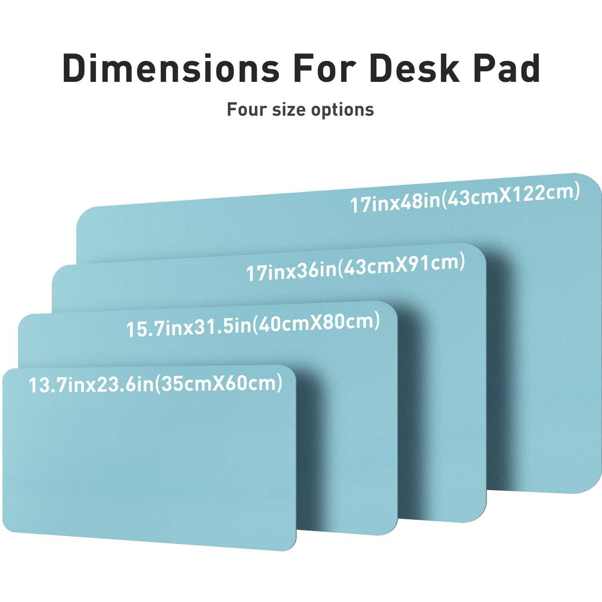 PU leather desk pad size chart showing multiple rectangular dimensions