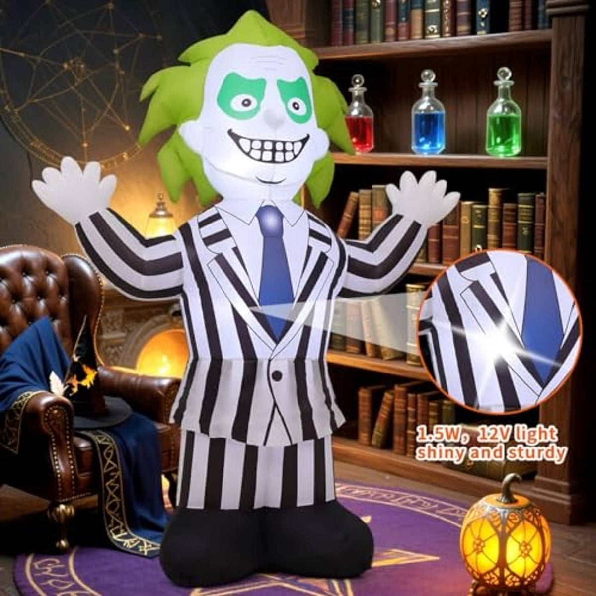 Inflatable Halloween weirdo character suit with green hair, striped shirt, blue tie, black bottom