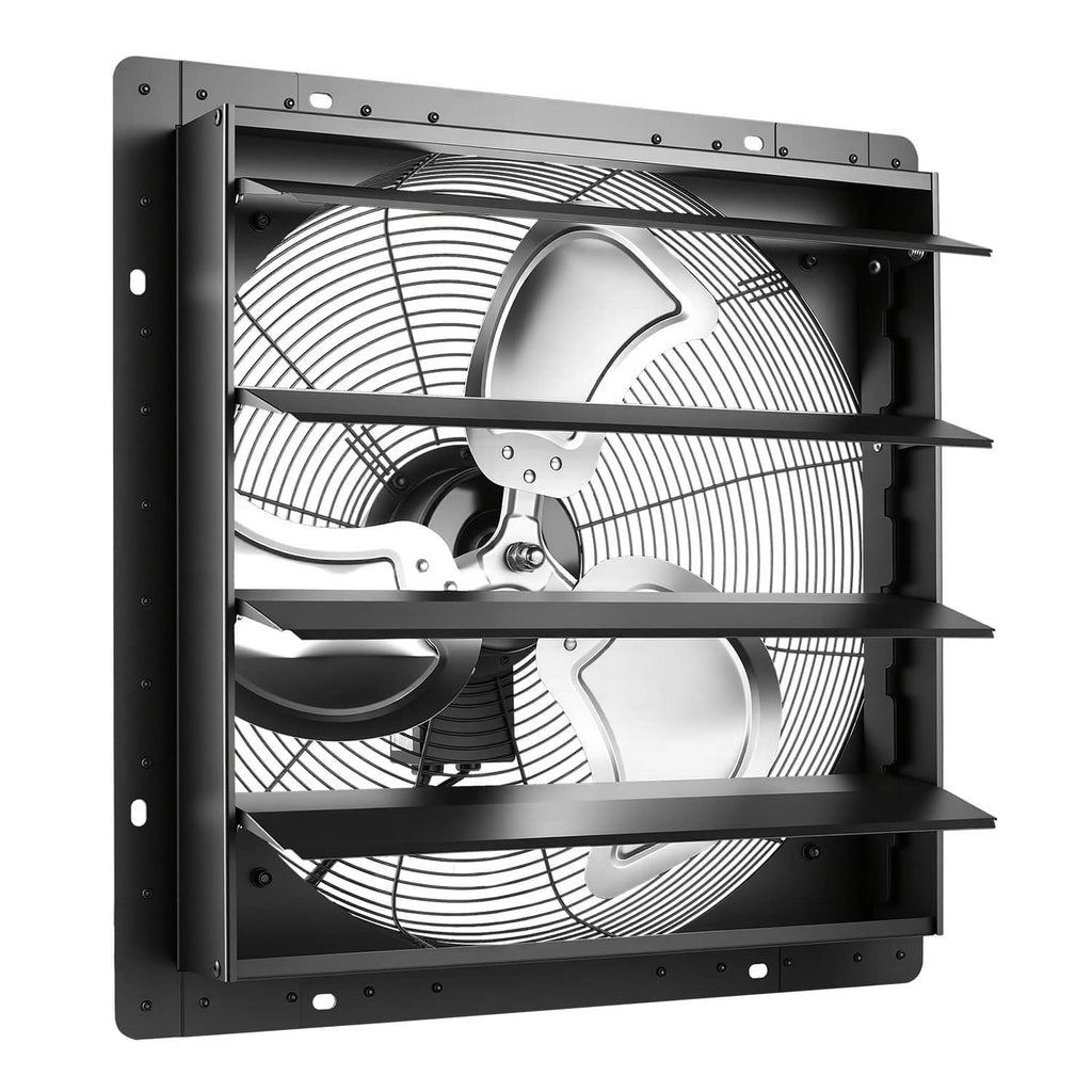 Shutter exhaust fan with adjustable louvers, front grille, and dual fan blades