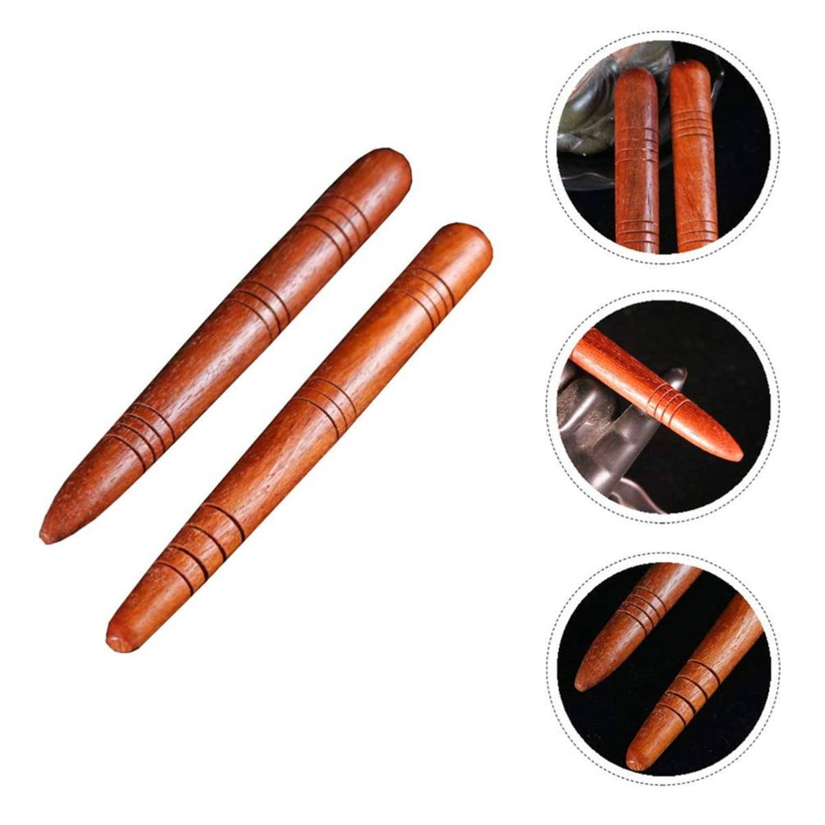 Two brown wooden acupressure massage pens with ridged grip bands and tapered tips