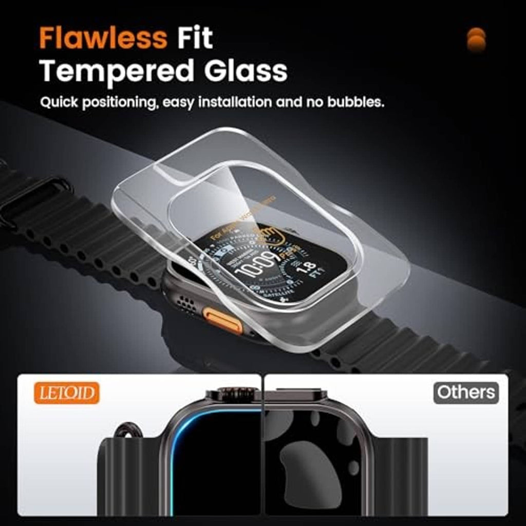 Black metal smartwatch case with clear tempered glass screen protector, 49mm