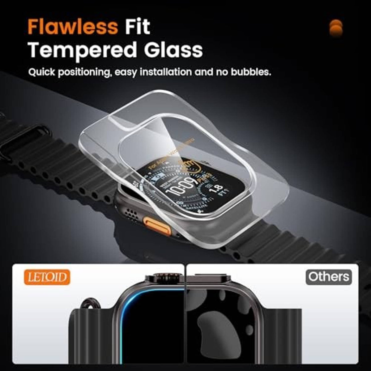 Black metal smartwatch case with clear tempered glass screen protector, 49mm