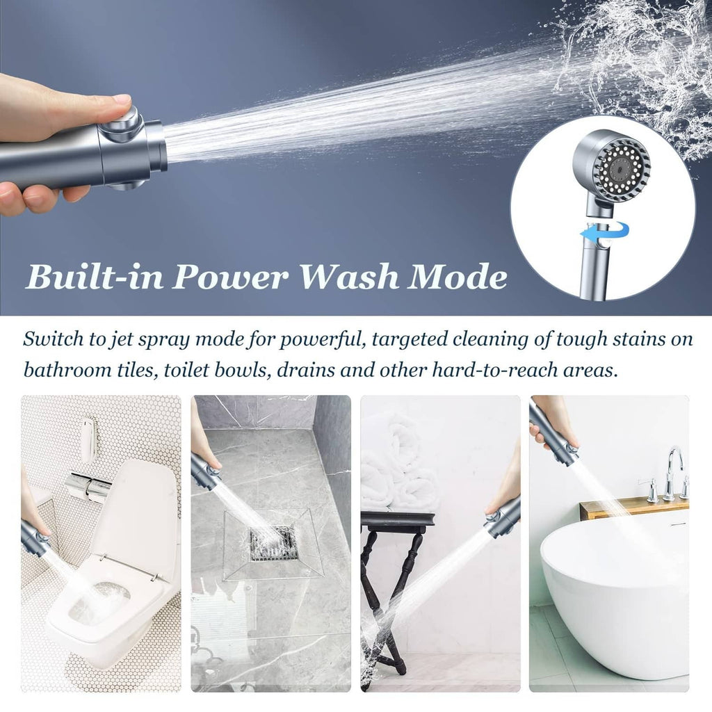 Handheld shower head with built-in power wash spray nozzle producing jet stream