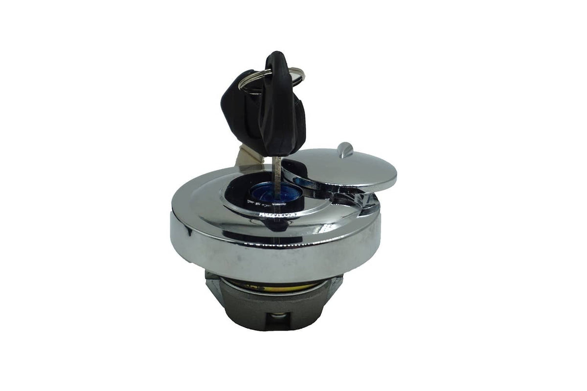 Gas cap lock with chrome cover and black key inserted