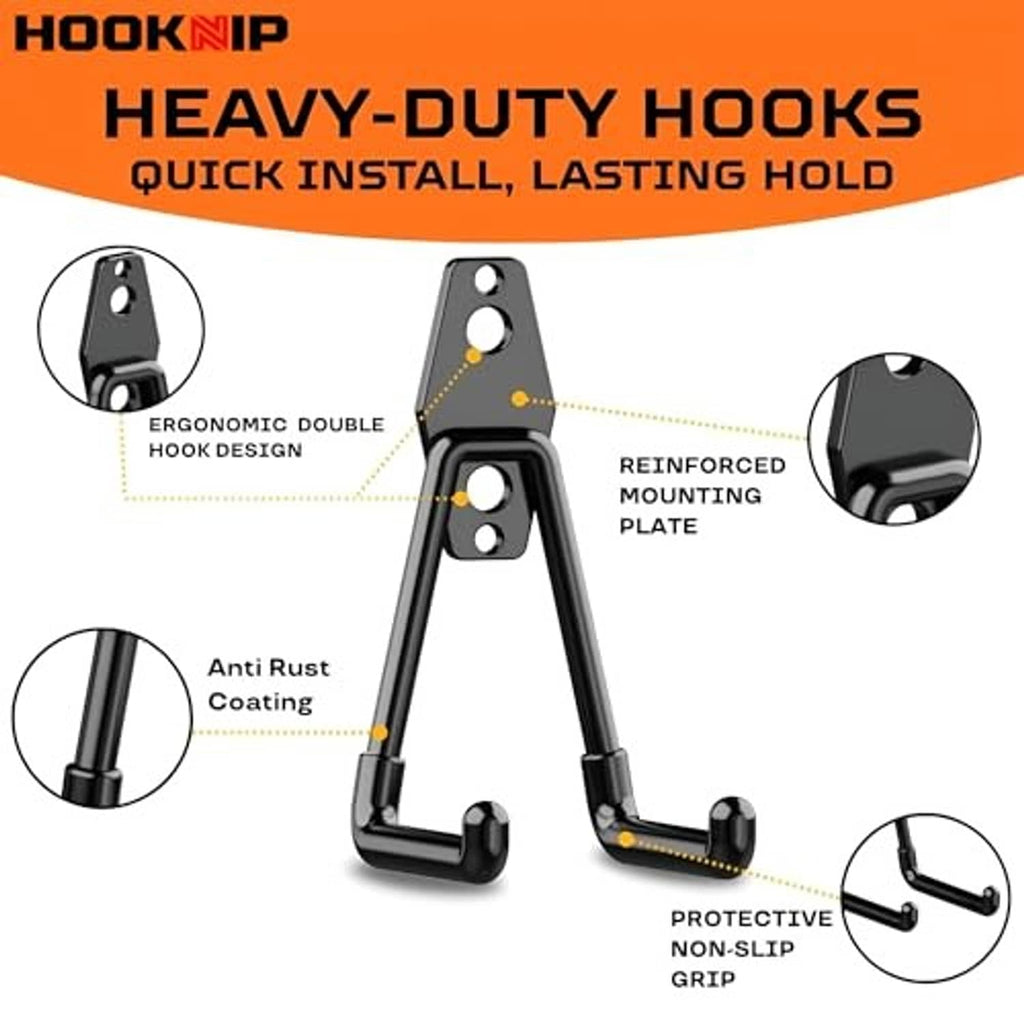 Heavy-duty black double wall hook with reinforced mounting plate and anti-rust coating
