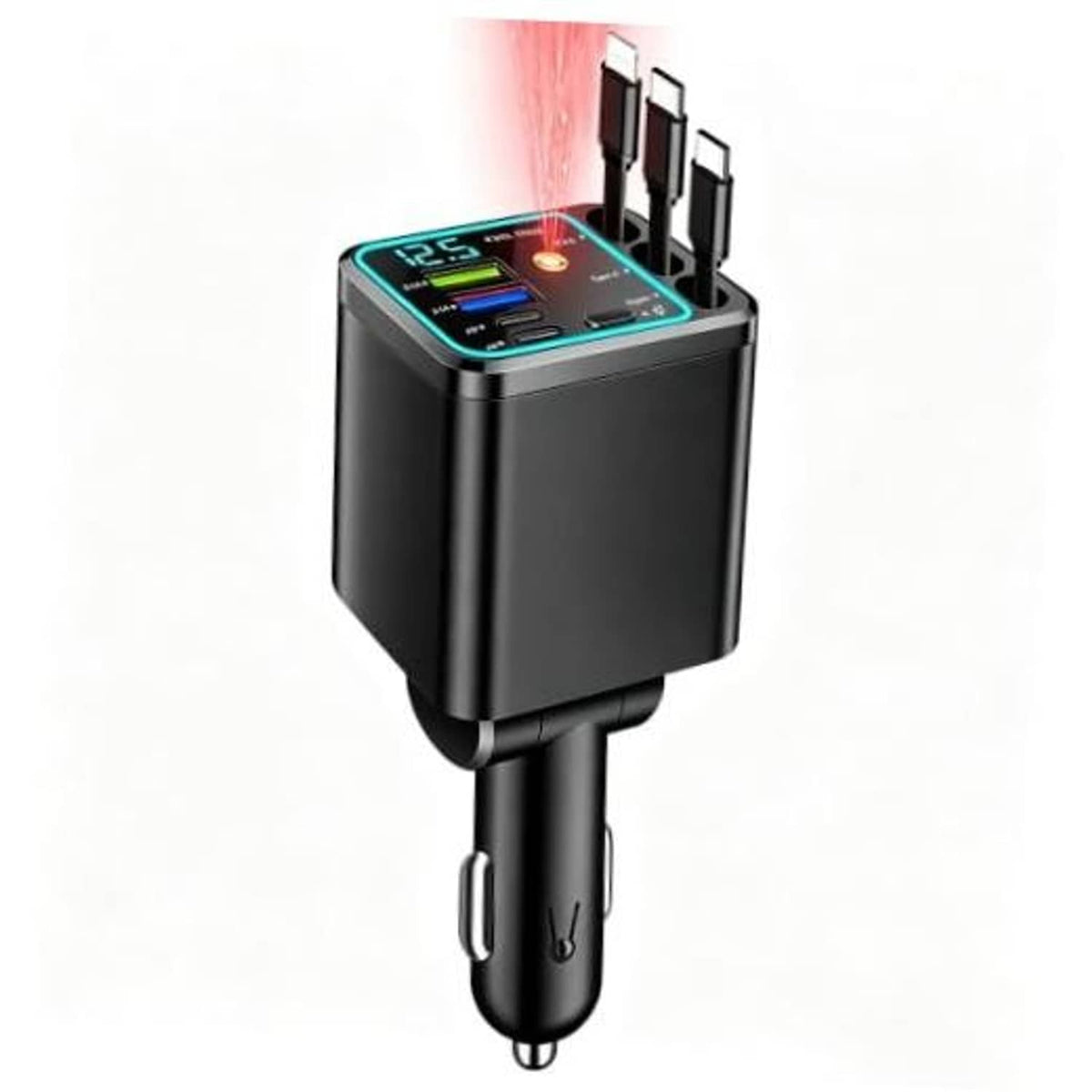 Retractable car charger with three USB-style ports and LED charge display, black body