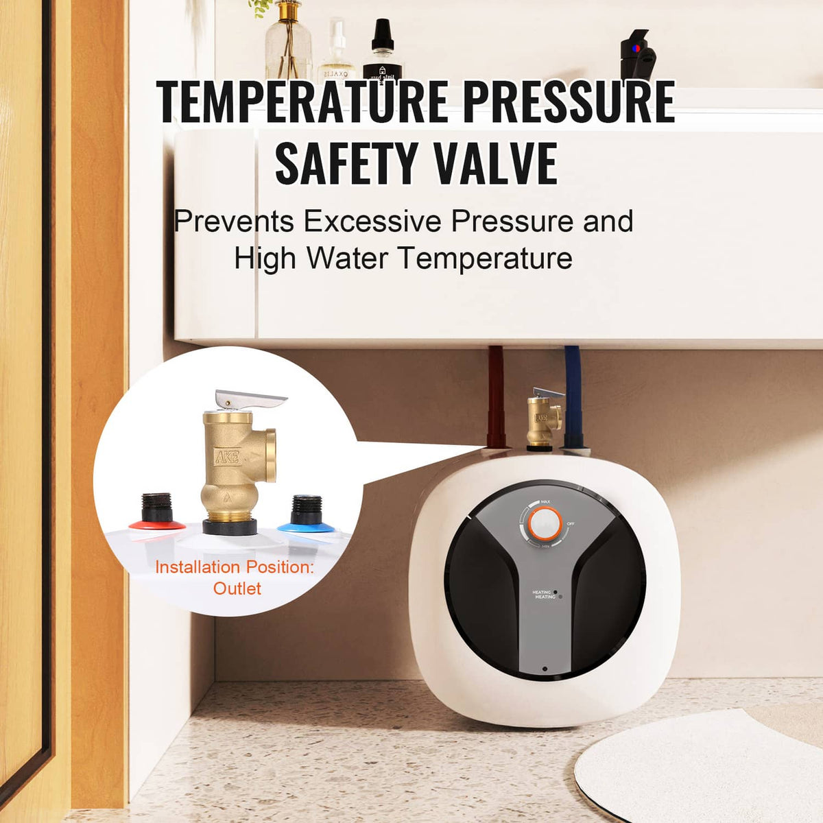Electric mini tank water heater with brass temperature pressure safety valve connection