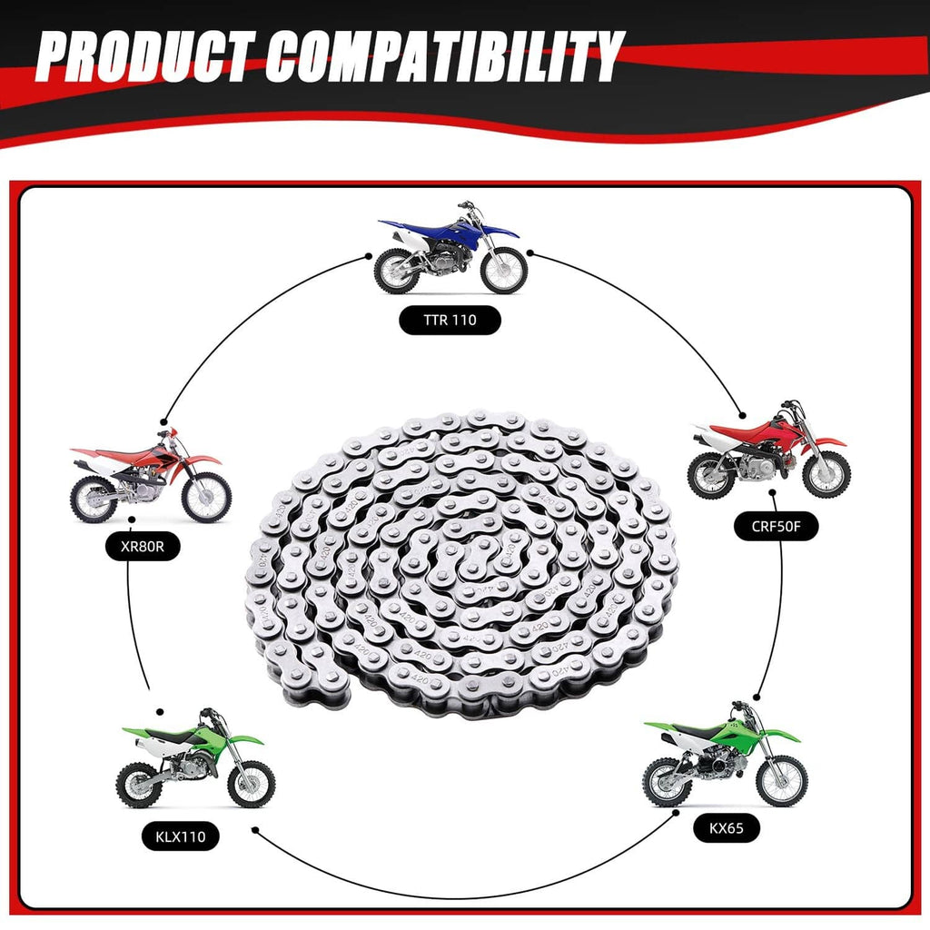 Coiled silver motorcycle drive chain, 102 links