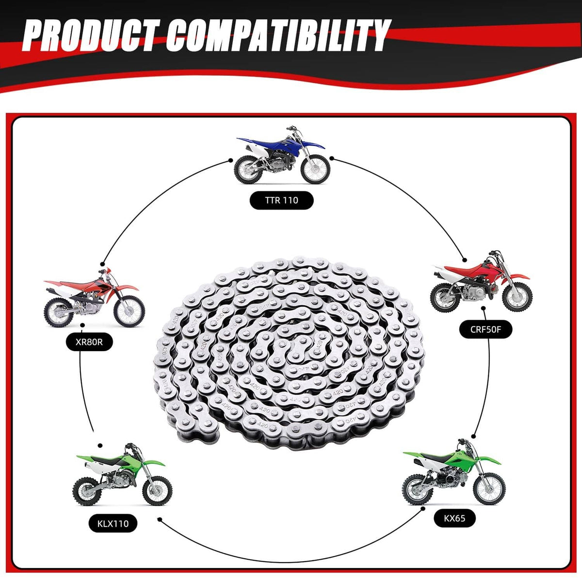Coiled silver motorcycle drive chain, 102 links
