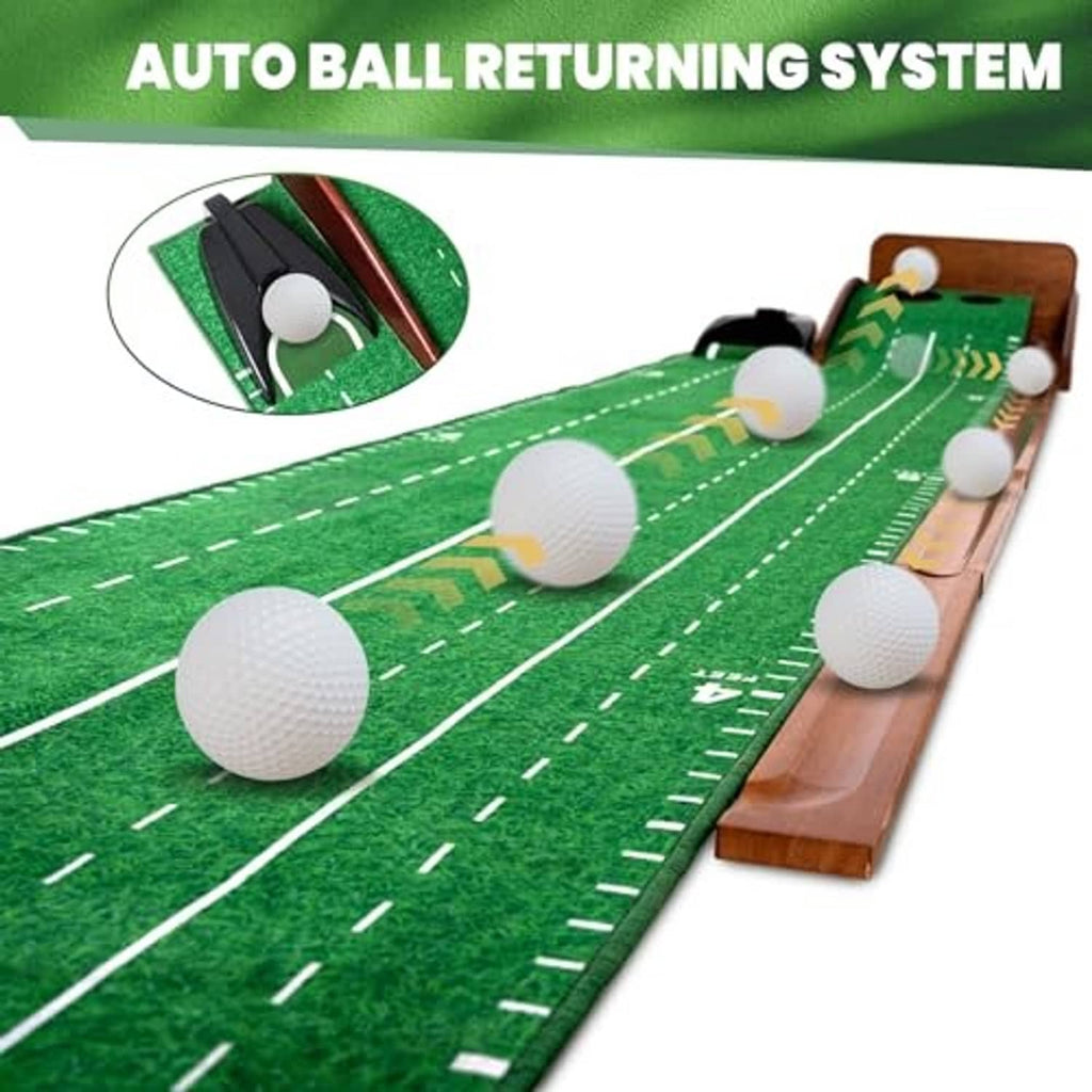 Golf putting mat with automatic ball return and several golf balls on green felt