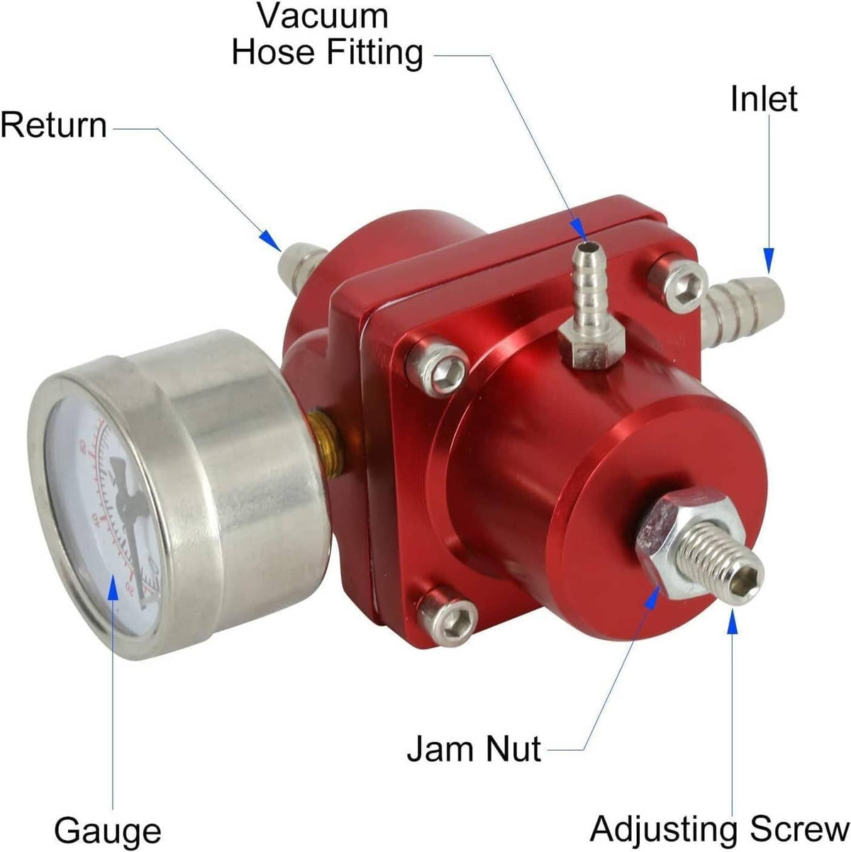 Red adjustable fuel pressure regulator with analog gauge and vacuum hose connection