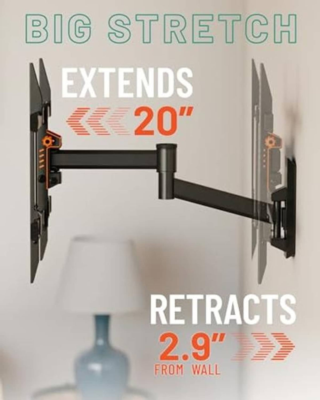 Full motion TV wall mount with arms extended from the wall and black support plates