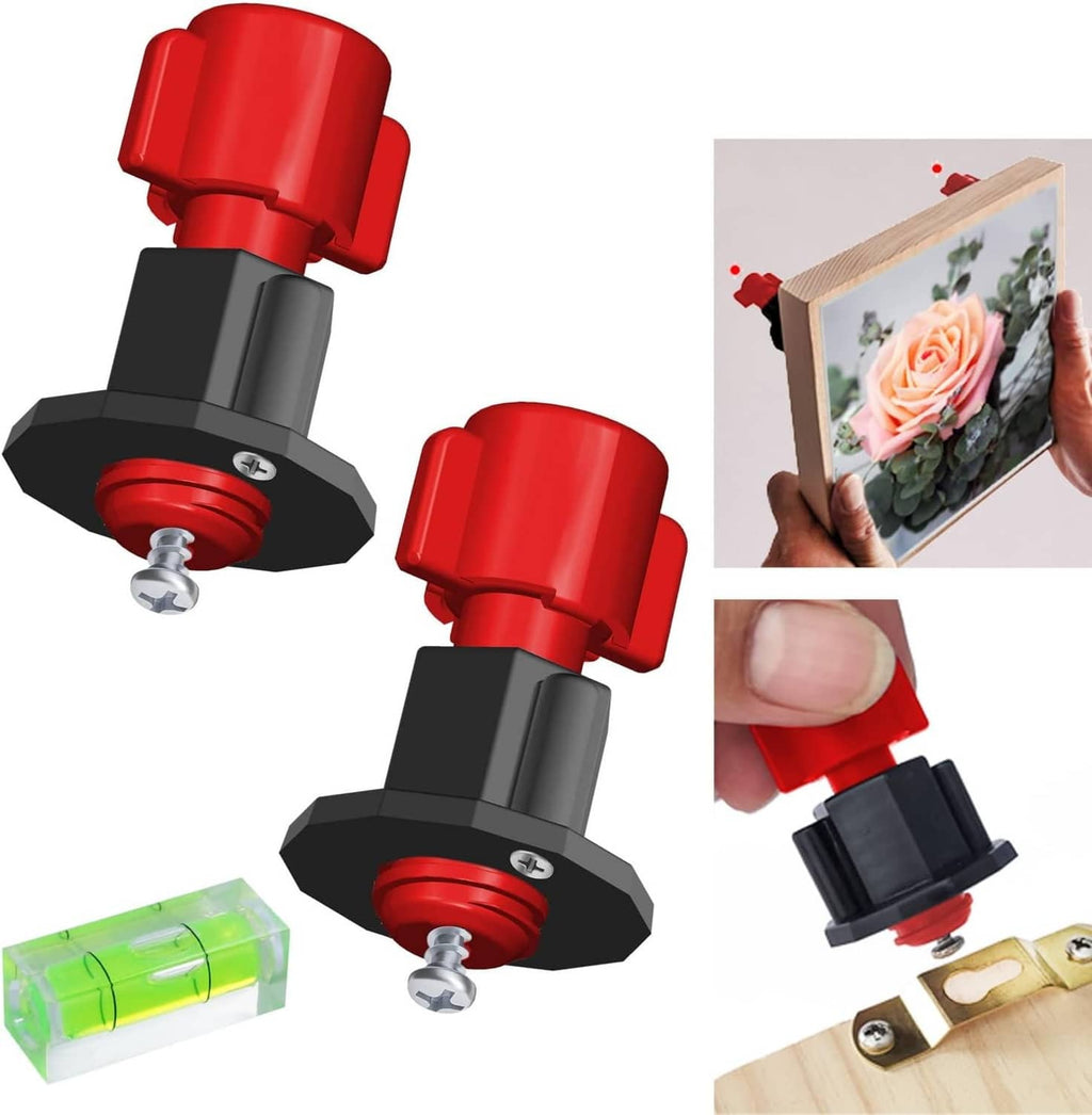 Red and black picture hanging marker tool with adjustable base and screw
