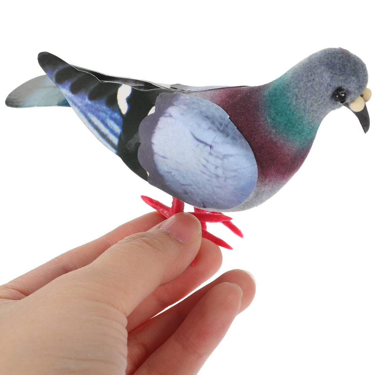 Foam pigeon figurine held by hand, gray teal maroon body with red feet