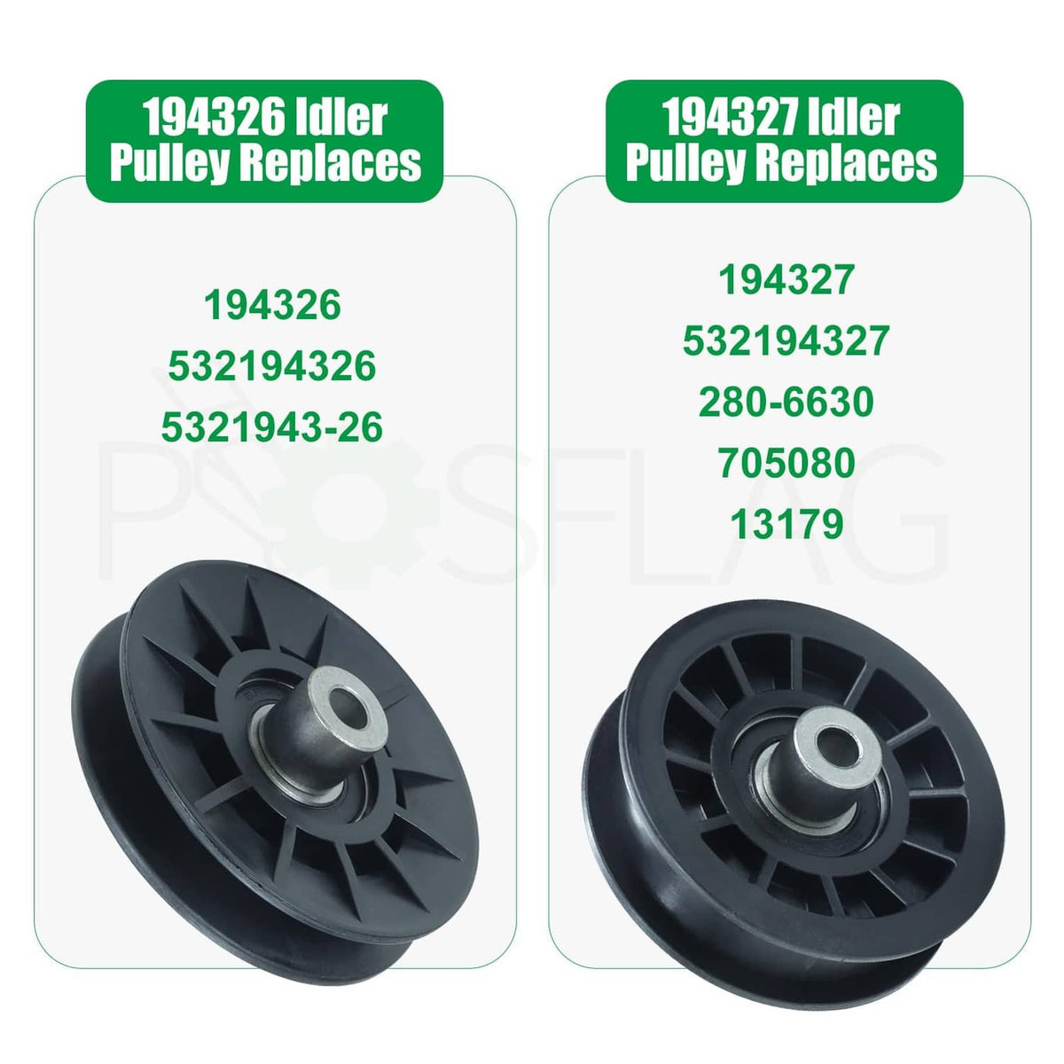 Black idler pulley wheels with metal center shafts for 194326 and 194327