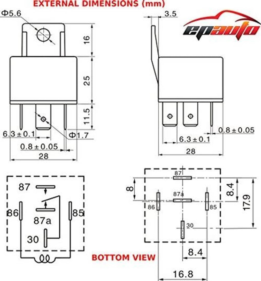 Relay harness external dimensions diagram with pin layout and measurement callouts