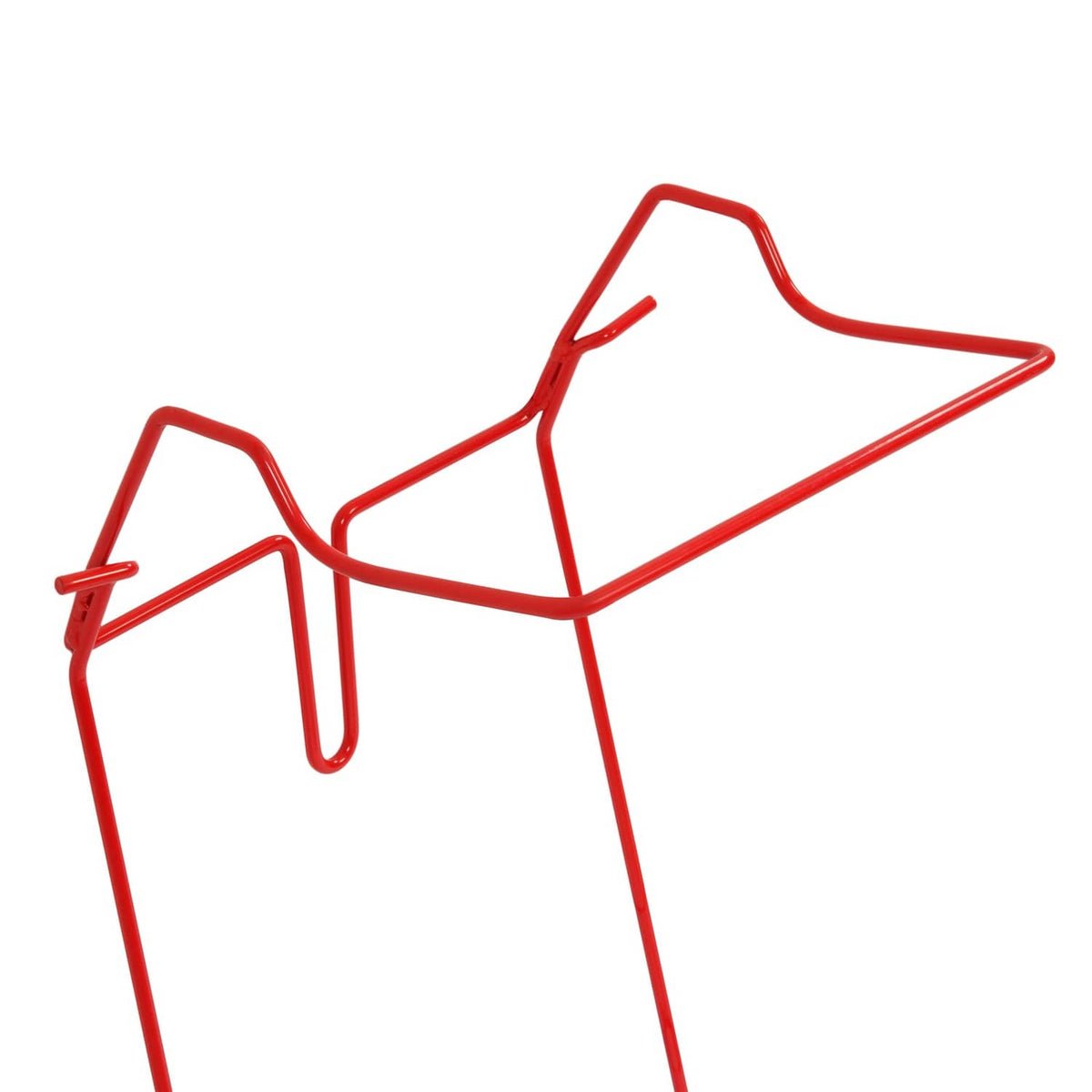 Red metal grass bag frame with side supports and top opening frame