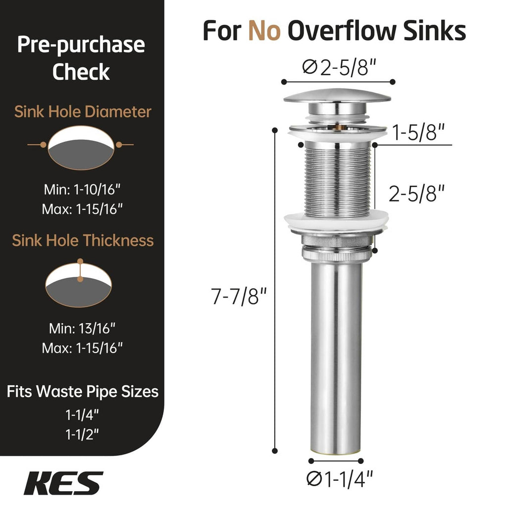Bathroom sink pop-up drain with stopper and tall cylindrical body, for no overflow sinks