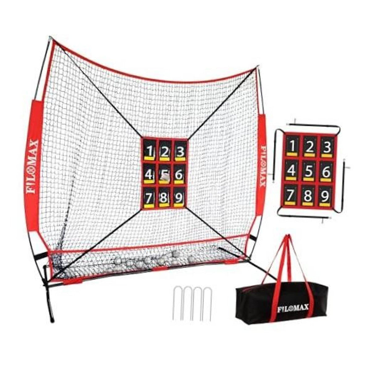 7 ft baseball practice net with red frame and numbered strike-zone grid 1–9
