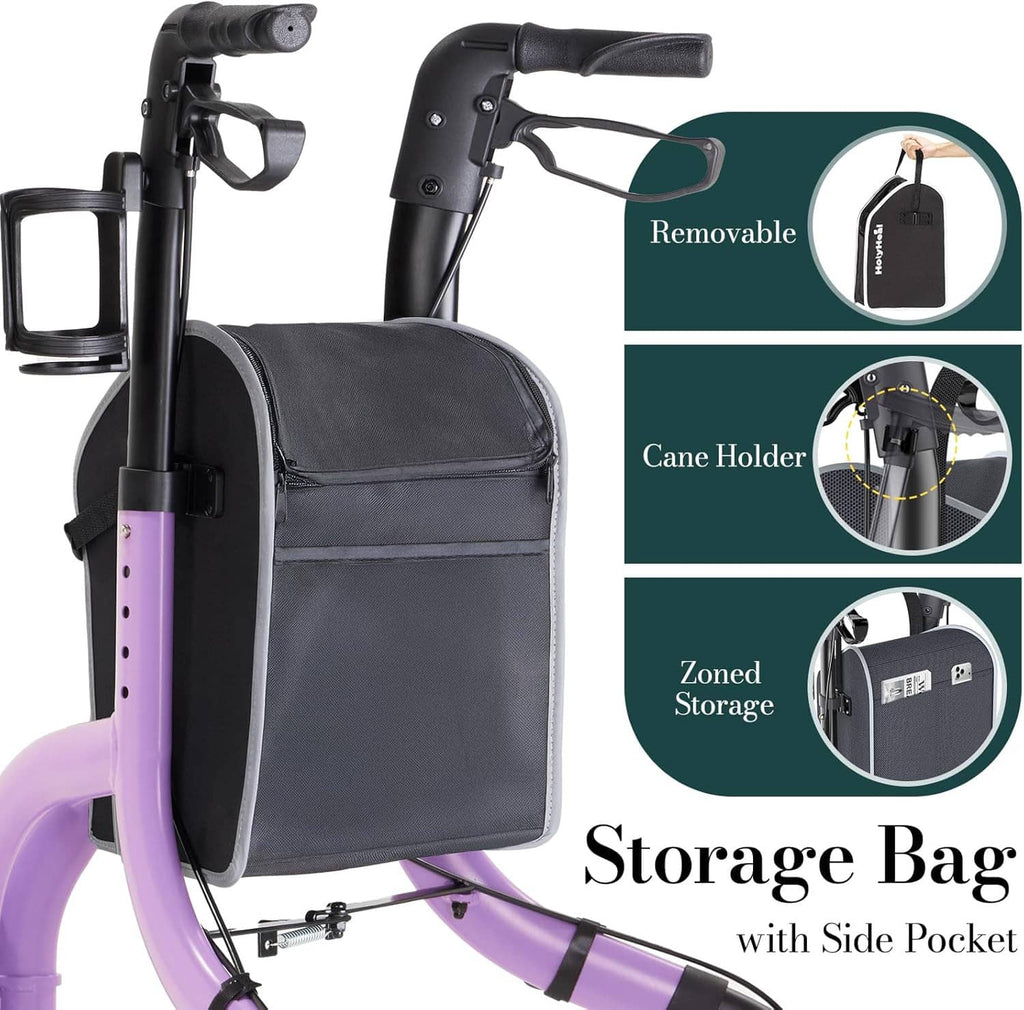 3-wheel rollator with removable storage bag and side pocket, purple frame