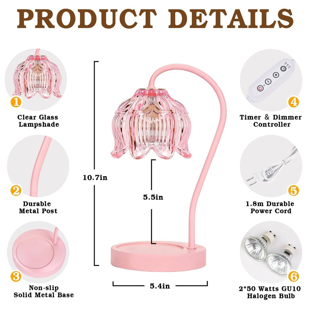 Pink glass candle warmer lamp with metal post, solid base, and power cord