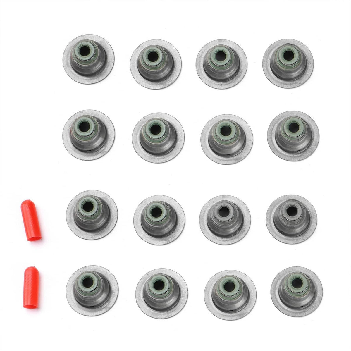Multiple gray valve lifter parts with central sockets and a few red-tipped pieces