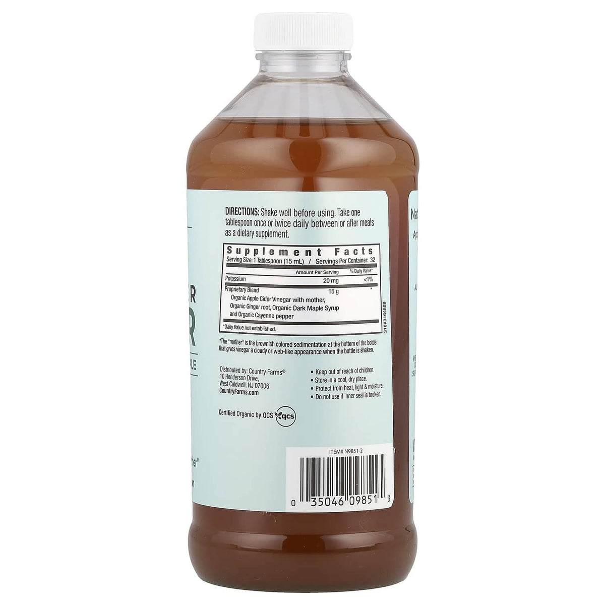 Organic apple cider vinegar tonic bottle with back Supplement Facts label and barcode
