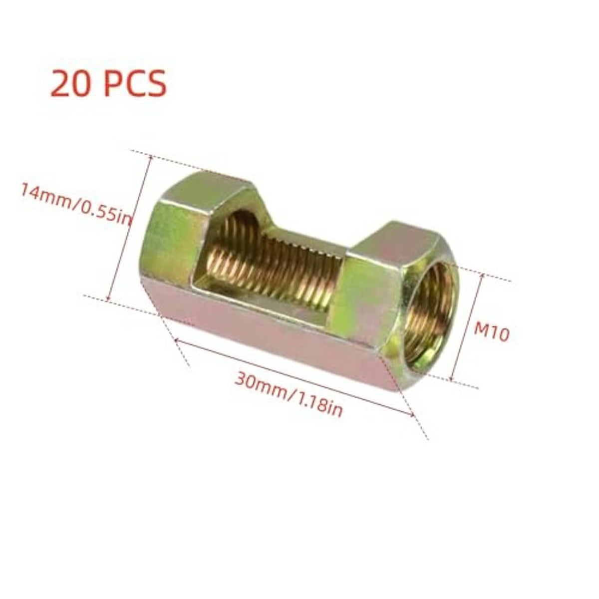 M10 hex coupling nut with female thread, 30mm length shown with side dimensions