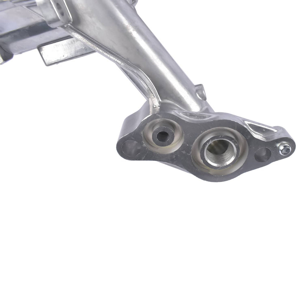 Oil pump lower mounting bracket with two threaded ports and metal arm