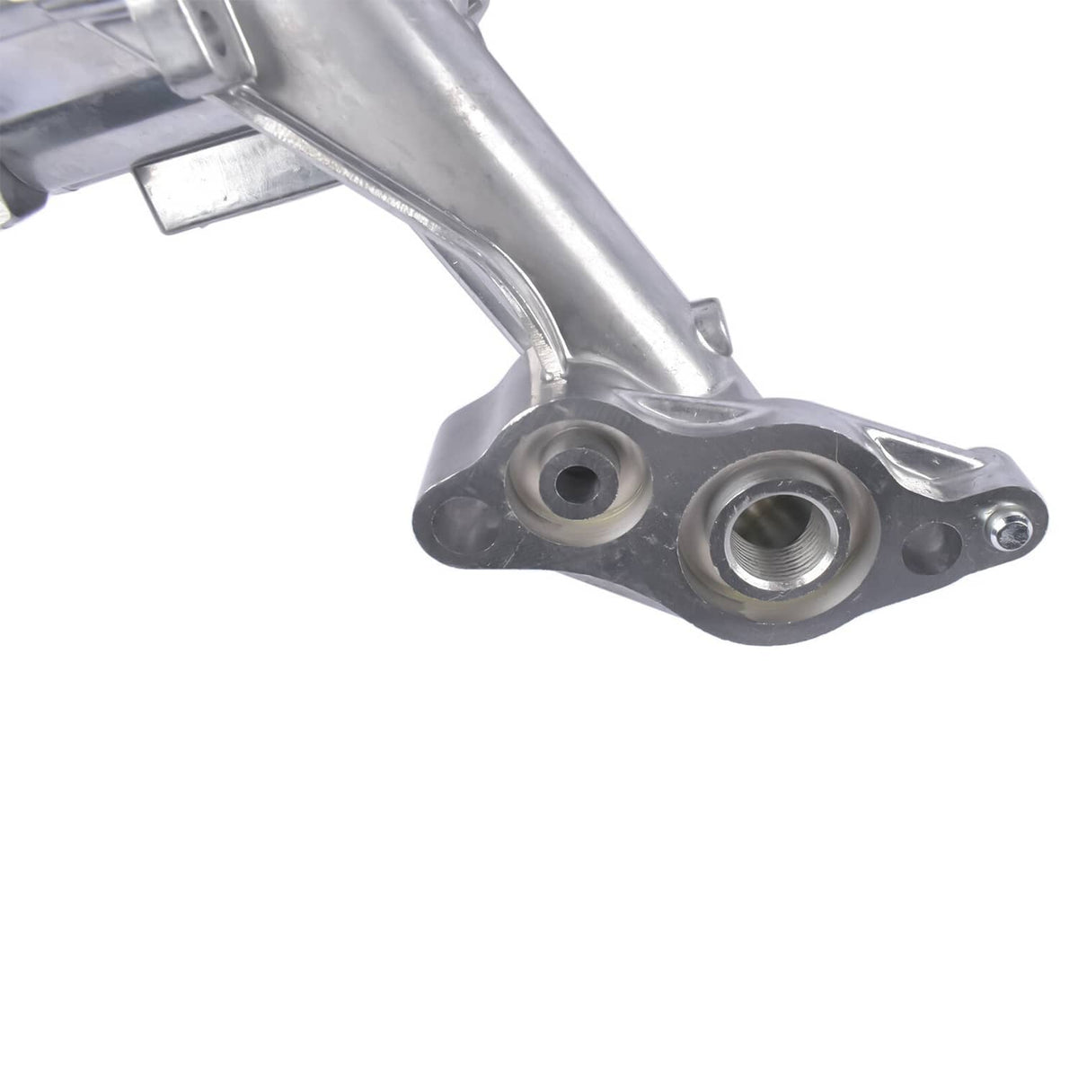 Oil pump lower mounting bracket with two threaded ports and metal arm