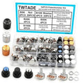84-piece potentiometer kit with aluminum knobs, plastic knobs, and potentiometers in organizer case