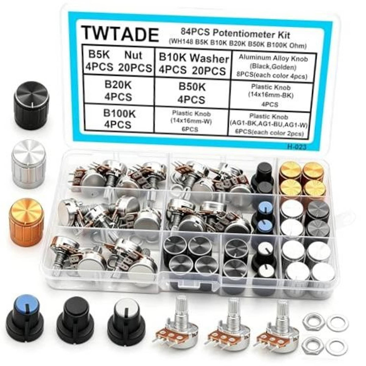 84-piece potentiometer kit with aluminum knobs, plastic knobs, and potentiometers in organizer case