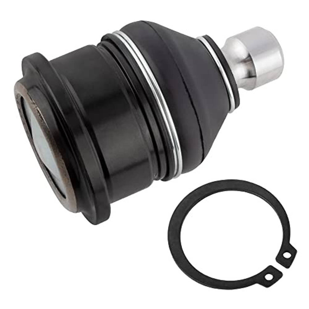 Front upper ball joint side view with black boot, silver stud, and round rubber seal ring