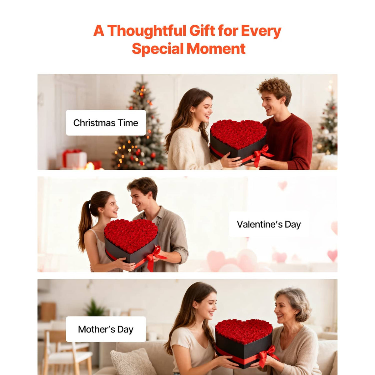 Heart-shaped box of red roses with orange-red ribbon, shown being gifted