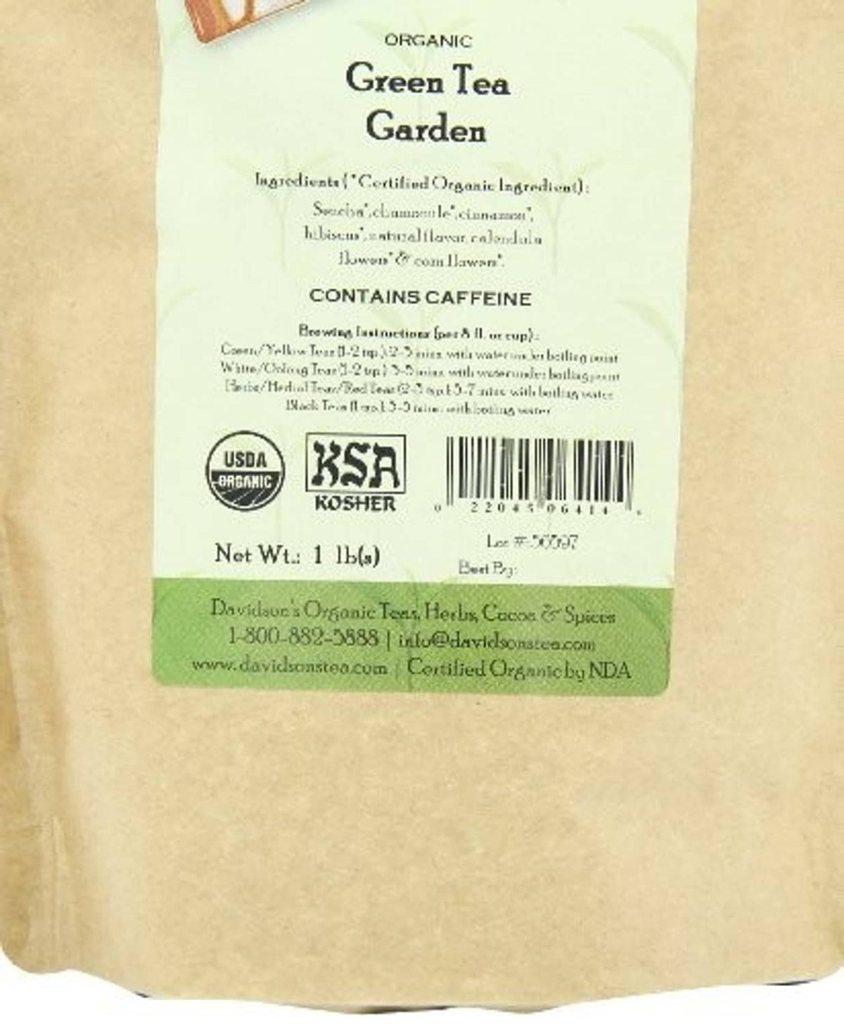 Davidson's Organics green tea garden pouch back with ingredient and USDA Organic labels