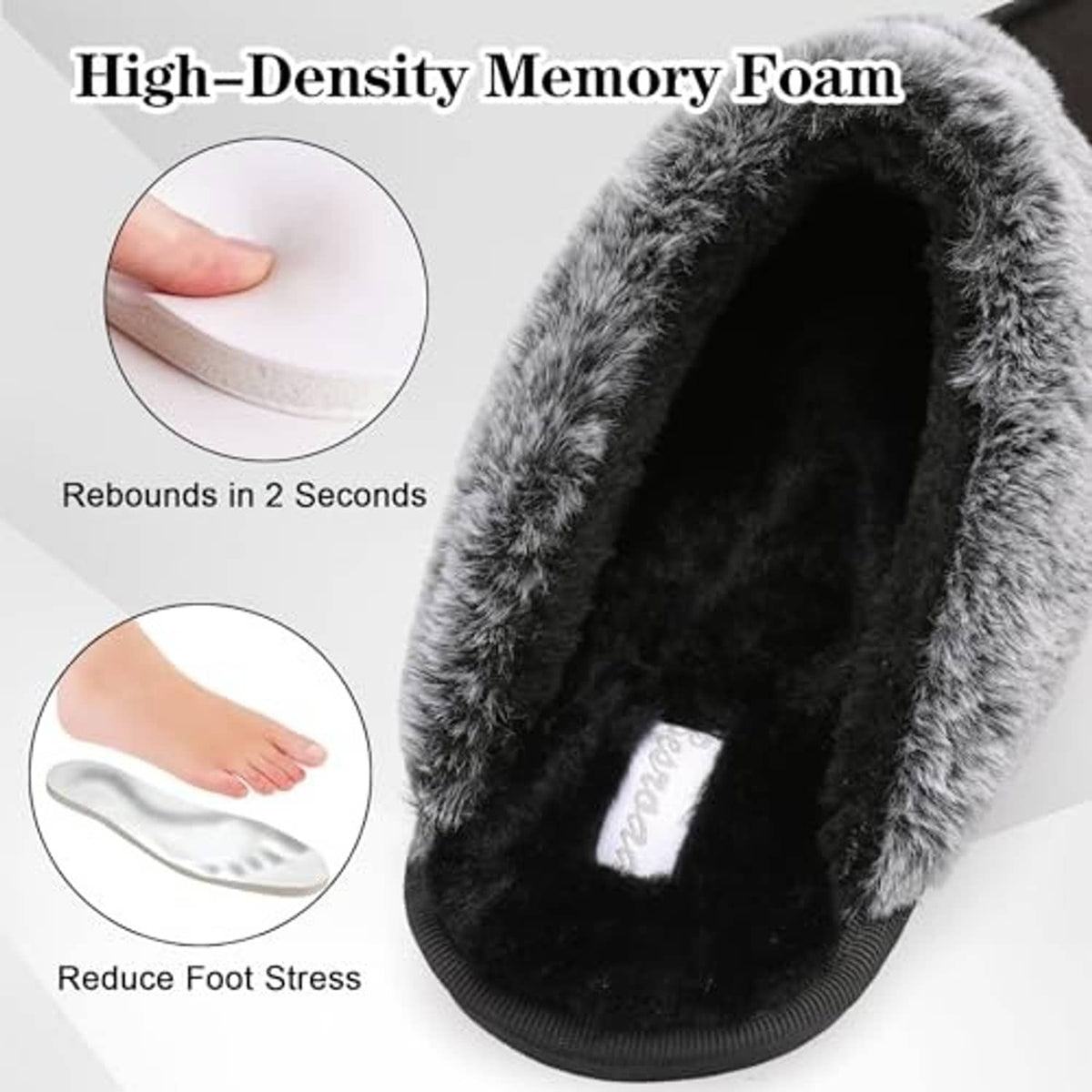 Close-up of men's black slide slipper with gray faux-fur lining and padded footbed