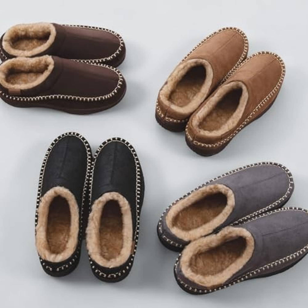 Set of moccasin slippers in dark and tan with plush fuzzy lining