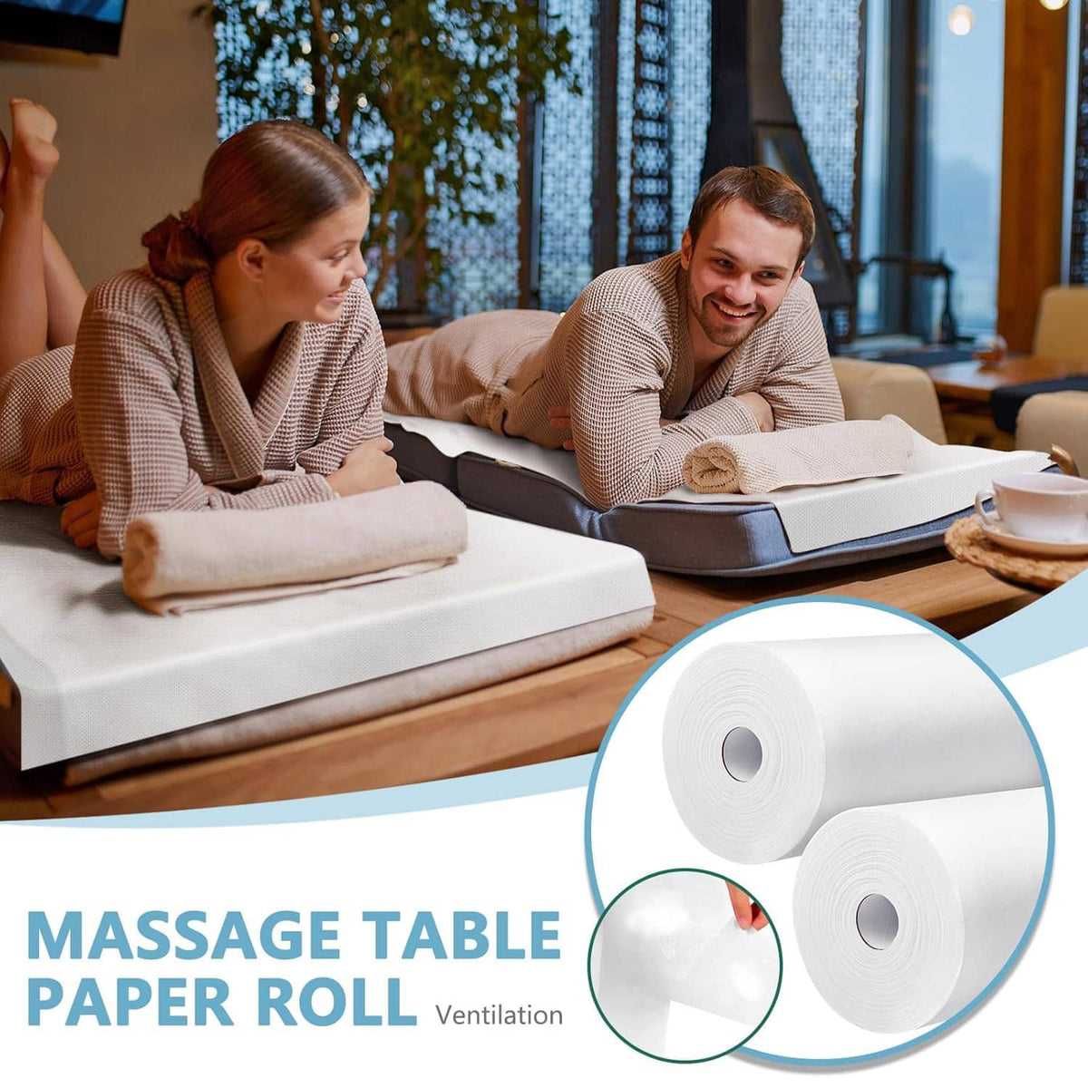 Massage table with white disposable non-woven sheet cover and two roll refills