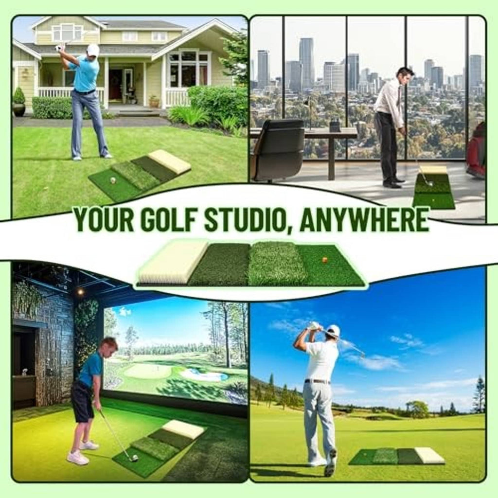 Green golf hitting mat with turf panels set on the ground for practice swings