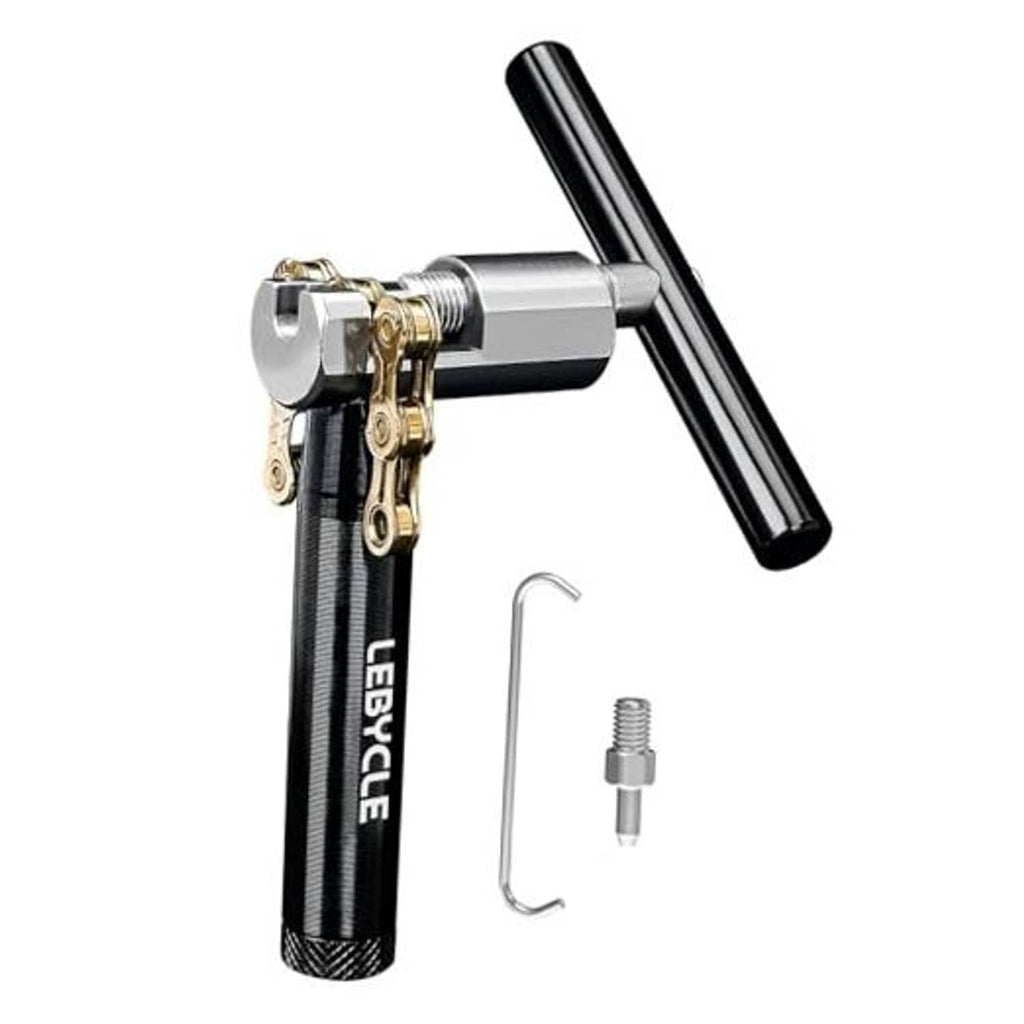 Bike chain breaker tool with black-and-silver lever handle and side crank clamp