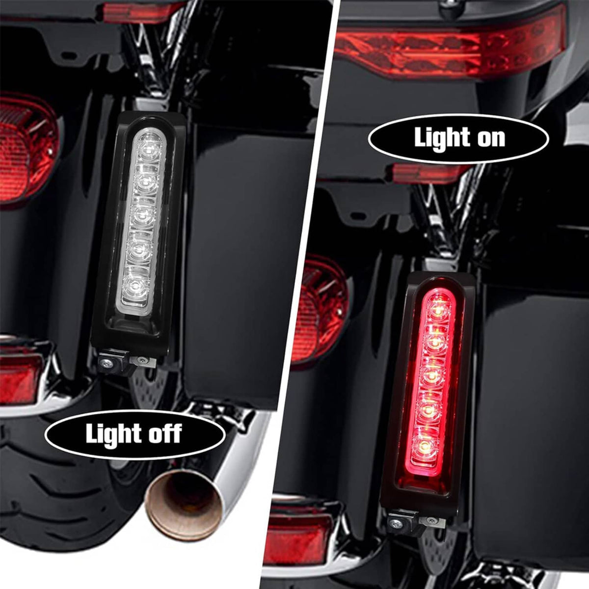 Pair of vertical LED lights shown powered on/off, one red glowing with black housing.